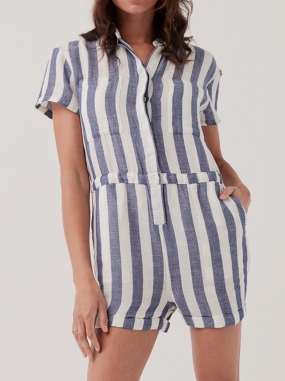 PACT The Harbour Organic Cotton Hemp Blue Stripe Romper Shorts NWT Small